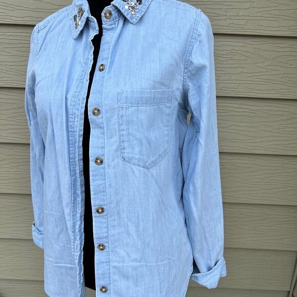 SO PERFECT SHIRT, women's size S, Relaxed, rhinestones on collar tip, denim - Picture 2 of 11